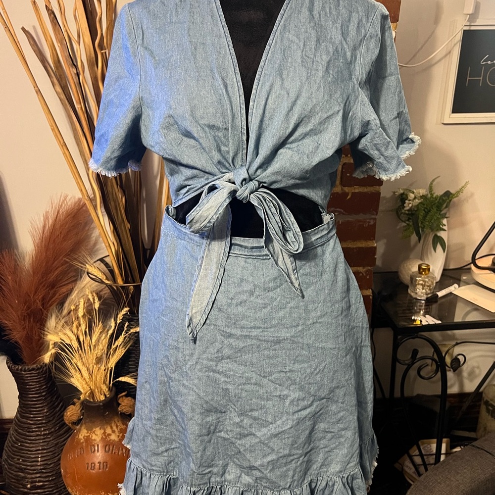 Blue Gray Ruffled Wrap Sundress